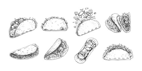 Hand-drawn sketch of burritos and tacos set. Different types of burritos and tacos.  Vintage illustration. Element for the design of labels, packaging and postcards.