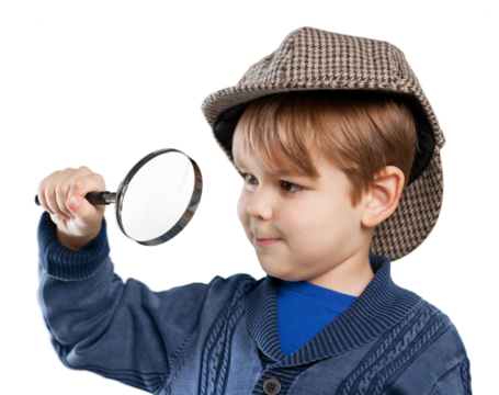 Little cute boy with magnifying glass isolated on white background