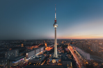Fototapeta premium Aerial view of Berlin with Berlin Television Tower (Fernsehturm) at night - Berlin, Germany