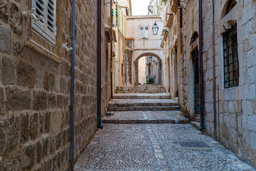 Fototapeta na wymiar Medieval stone street, illuminated by lanterns. Dubrovnik. Croatia. Europe