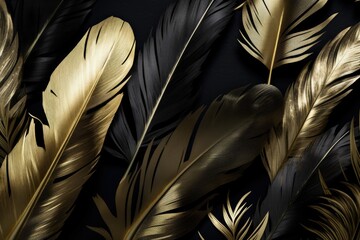 Arrangement of Black and Gold Feathers in a Striking Display