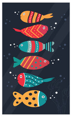 Colored abstract fish pattern. Pattern for printing on fabric, packaging, banner design. Vector drawing, design elements.