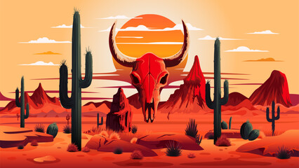 Vector illustration of red desert with skull of cow, sunset with mountains, cactuses and rocks, sand and plants