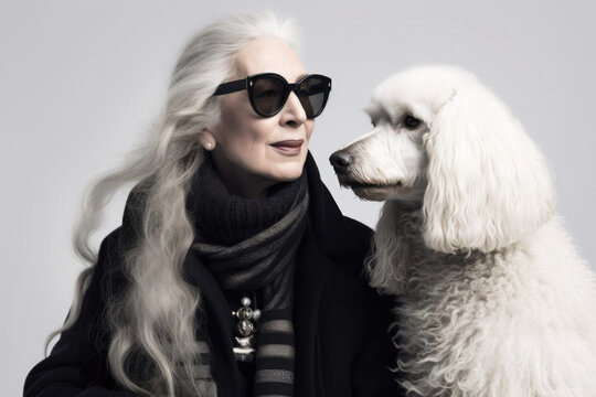 Portrait of stylish senior woman with grey hair and her white poodle dog. They look alike. Generative AI. 