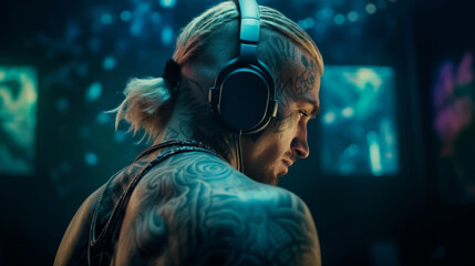 Fototapeta na wymiar portrait of a handsome young guy in trendy headphones, a tattooed man of an athletic build listens to music in a neon club. Generative AI.