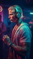 portrait of a handsome young guy in trendy headphones, a tattooed man of an athletic build listens to music in a neon club. Generative AI.