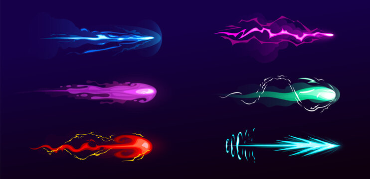 Vector cartoon illustration set of blasters laser or plasmic beams, cosmic shoots, objects for the game sooting, cartoon illustration set, color smoke 