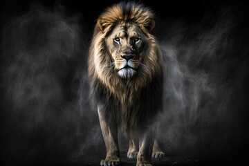 Plakat Lion in the Mist: A Captivating Photo with a Mysterious Black Background, Shot with Hasselblad Fujifilm Camera