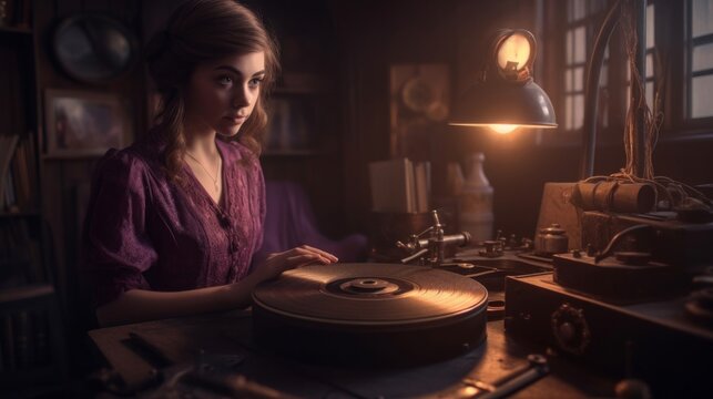 portrait of a girl listening to a vinyl record in a sound recording studio, vintage woman in a beautiful room, classical music. Generative AI.