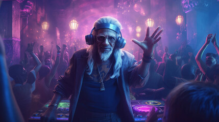 Fototapeta na wymiar old dj in trendy headphones at a party, glamorous tattooed man, grandfather plays music in a neon club. Generative AI.