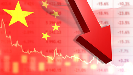 Falling chart with China flag. Down arrow metaphor for crisis. Chinese stock market. Fall in price of Chinese government bonds. Loss of investment in Chinese economy. Yuan crisis. 3d image