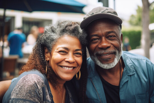 Portrait of mature black couple at an outdoor restaurant. Generative AI. 
