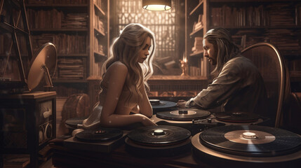 Obraz na płótnie Canvas portrait of a young couple listening to a vinyl record in a restaurant, club. Girl with a man in a vintage room, playing classical music for love. Generative AI.