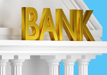 Bank logo on building. Golden letters bank on facade office. Exterior economic corporation. Fragment bank building. Financial business. Credit organisation. Banking branch for issuing loans. 3d image
