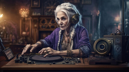 Fototapeta na wymiar portrait of dj granny in retro headphones in recording studio, vintage woman in room, steampunk granny broadcasts on radio. Generative AI.