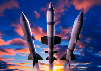 Ballistic missiles fly in sky. Rockets with nuclear warhead. Concept of intercontinental weapons. Hypersonic missiles at sunset. Metaphor for start of nuclear war. Rocket weapons. 3d image - obrazy, fototapety, plakaty