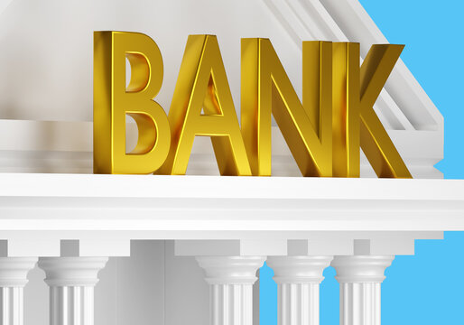 Bank logo on building. Golden letters bank on facade office. Exterior economic corporation. Fragment bank building. Financial business. Credit organisation. Banking branch for issuing loans. 3d image