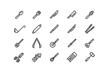 Kitchen utensils line icons. Spoon knives grater canning and pizza roll knife outline symbols, hammer for pounding meat. Vector cooking accessories set editable stroke