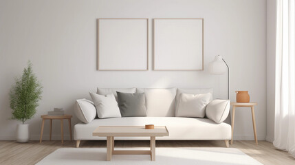 Chic and Modern Living Room with White Picture Frame - Great for Customizable Mockups and Design Projects