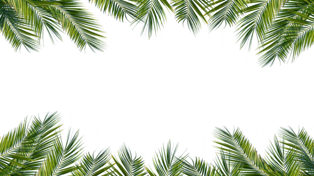 green palm leaves frame isolated on transparent background, overlay texture with copy space in the middle