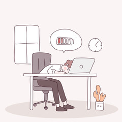 Fototapeta premium Tired men office worker sitting on the chair, battery energy low charge and fatigue or exhausted
