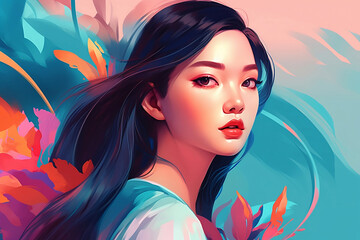 Illustration of Celestial Beauty black hair Woman with abstract colorful foliage background, generative ai