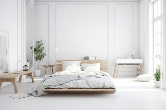 Modern bedroom interior with empty black wall 3d rendering image.There are minimalist style decorate room with black furniture,floor,wall. High quality illustration, Generative AI