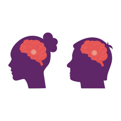 Head silhouette of a woman and a man with a brain in flat style