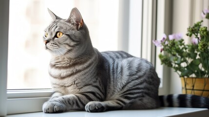 Charming American Shorthair posing on a windowsill