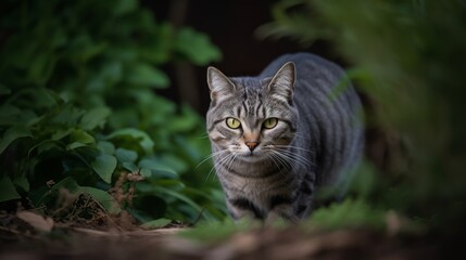 Naklejka na ściany i meble Curious American Shorthair exploring the garden