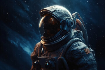 AI generated image of an astronaut floating in space with dust and stars