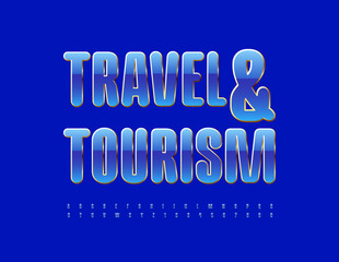 Vector advertising sign Travel and Tourism. Blue and Gold chic Font. Trendy set of Alphabet Letters, Numbers and Symbols