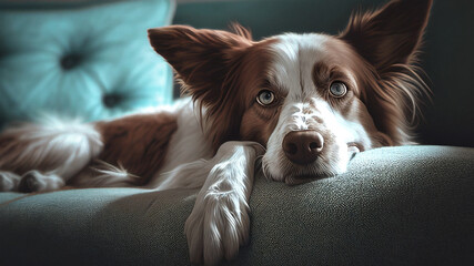 A border collie lies on a couch