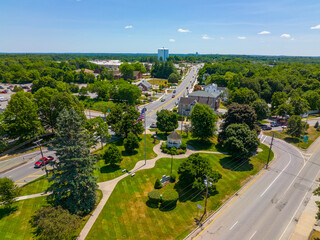 Billerica town common and Boston Road aerial view in summer in historic town center of Billerica,...