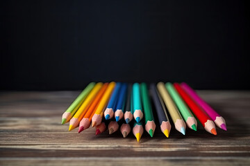 Fototapeta premium colored pencils for school on wooden table with copy space. Ai generative
