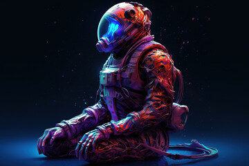 AI generated colorful image of an astronaut sitting in space meditating