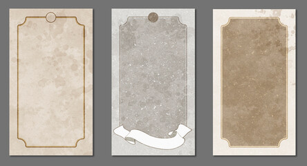 Set of three aged frames of stained and battered blank tarot or playing cards - obrazy, fototapety, plakaty