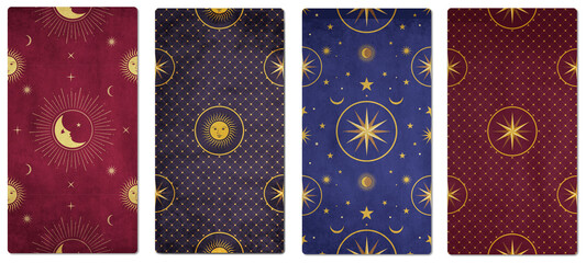Set of tarot playing cards backs with esoteric designs isolated - obrazy, fototapety, plakaty