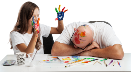 Painting concept. Schoolgirl painting with father during therapy at home with his tutor with learning and having fun together.