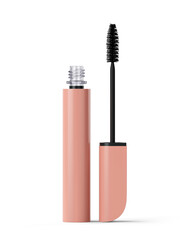 Open mascara tube in beige case with eyelash brush. Isolated on transparent background. Makeup product. Fashion cosmetics. 3D render