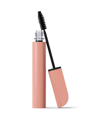 Modern open mascara tube in beige case with eyelash brush. Isolated on transparent background. Makeup product. Fashion cosmetics. 3D render