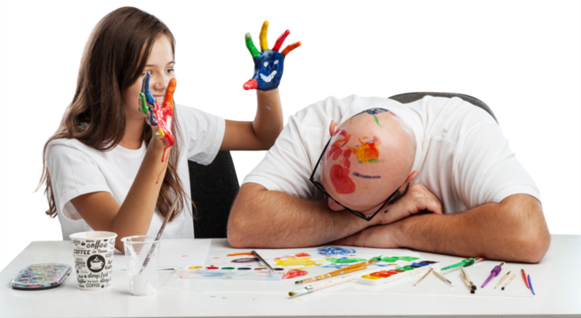 Painting concept. Schoolgirl painting with father during therapy at home with his tutor with learning and having fun together.