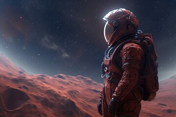 AI generated image of an astronaut standing in a planet, dust and stars in the background