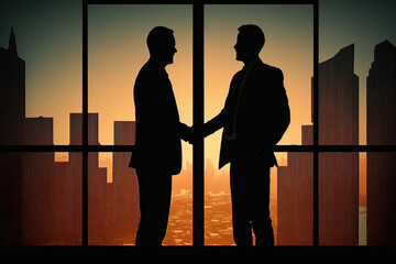Silhouettes of business people talking, shaking hands, discussing, meeting, networking