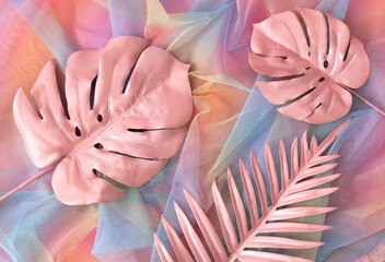 Two pastel pink exotic leaves and a palm tree leaf on transparent colorful fabric. Surreal...