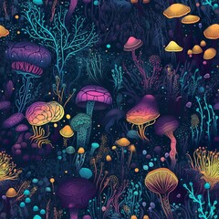 Mystic Mycelium a fungal landscape in iridescent colors reminiscent of underwater worlds seamless pattern teal and purple yellow and orange