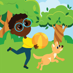 The boy runs with the ball in his hands and the dog in the park. Illustration in children's cartoon style.