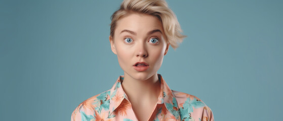 Image Generated AI. Portrait of a blonde girl with shock expression in her face
