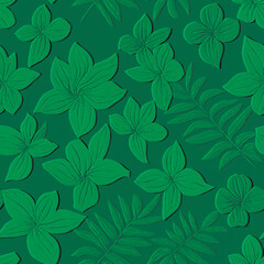 Emboss floral green 3d seamless pattern. Tropical exotic flowers, leaves. Textured vector background. Repeat relief bright green backdrop. Surface floral tropic drawing ornaments. Grunge texture