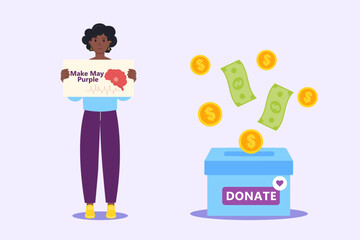 African-American woman holding a Make May Purple poster in flat style. Raising funds to support research and treatment of brain stroke. Box with a donation.